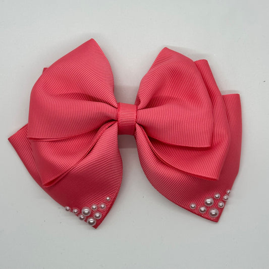 Large Clip: Pink Pearled Ribbon Bow